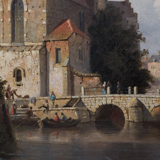 Adrianus Eversen - A Dutch Canal Town, With Figures and Boats - CLASSICARTWORKS