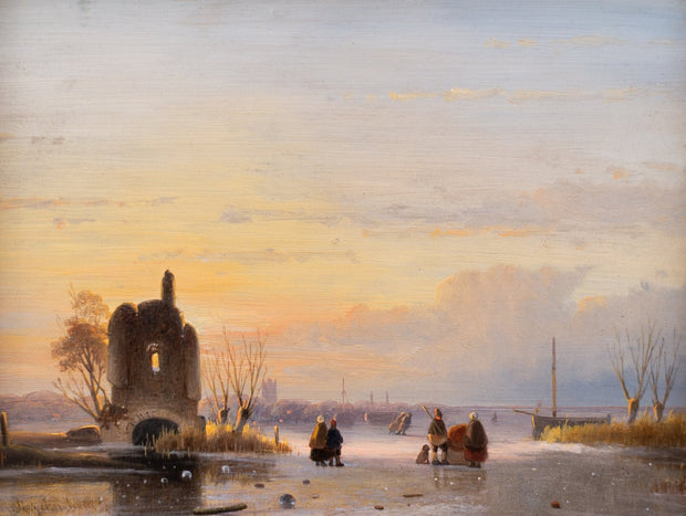 Andreas Schelfhout - A Winter Scene With Several Skaters on a Sunlit Frozen Estuary - CLASSICARTWORKS