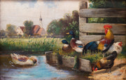 Alfred Schönian - Rooster With Hens and Ducks by a Pond