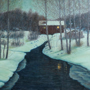 Albert Liedbeck -  A Winter Landscape With a Red House and a Quiet Stream